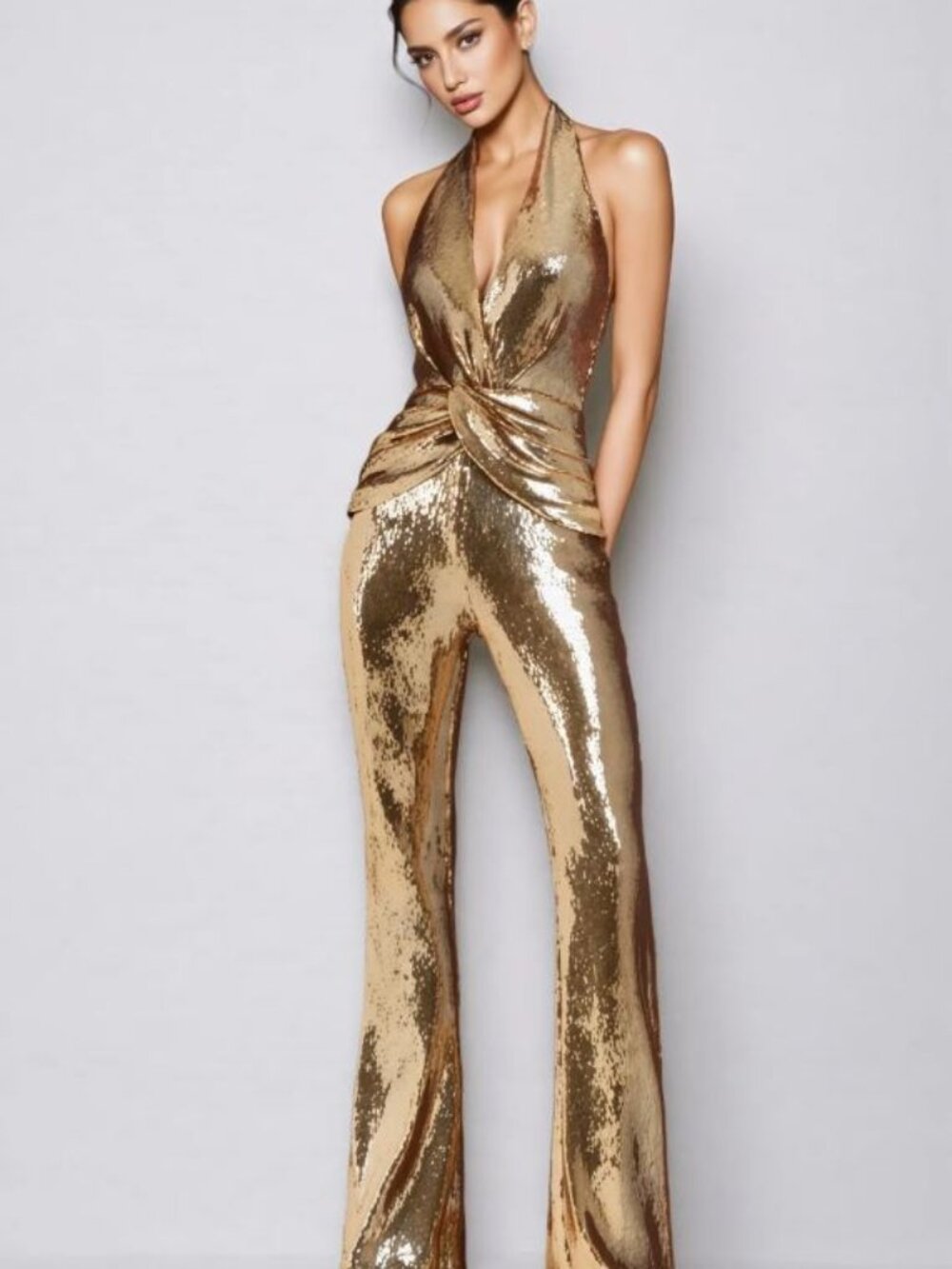 NADINE MERABI GOLD SEQUIN HALTER JUMPSUIT SIZE 4